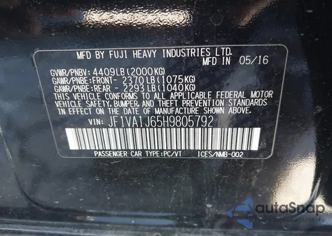 2017 Subaru Wrx Limited из США, поврежденный, VIN JF1VA1J65H9805792